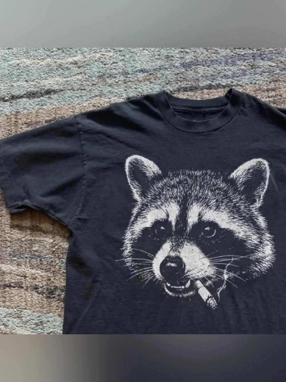 Black Graphic Tee with White Raccoon - Picture 3 of 6